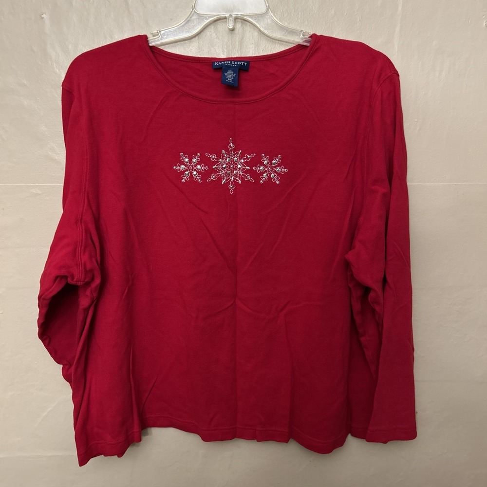 Karen Scott 3 X Red Knit T Shirt Top With Silver Snowflakes